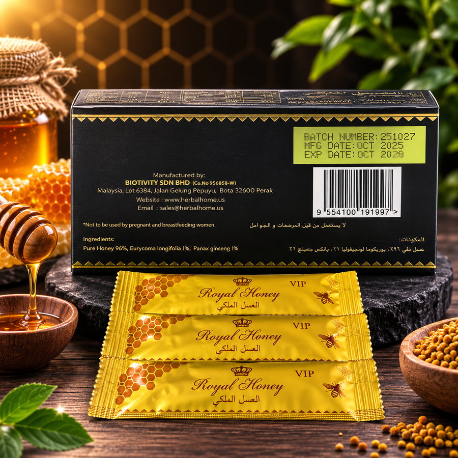 ETUMAX Royal Honey VIP for Him, back of box and 10g sachets