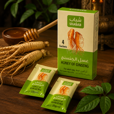 Shabab Honey of Ginseng box with 4 sealed 10g sachets, ginseng root and honey dipper