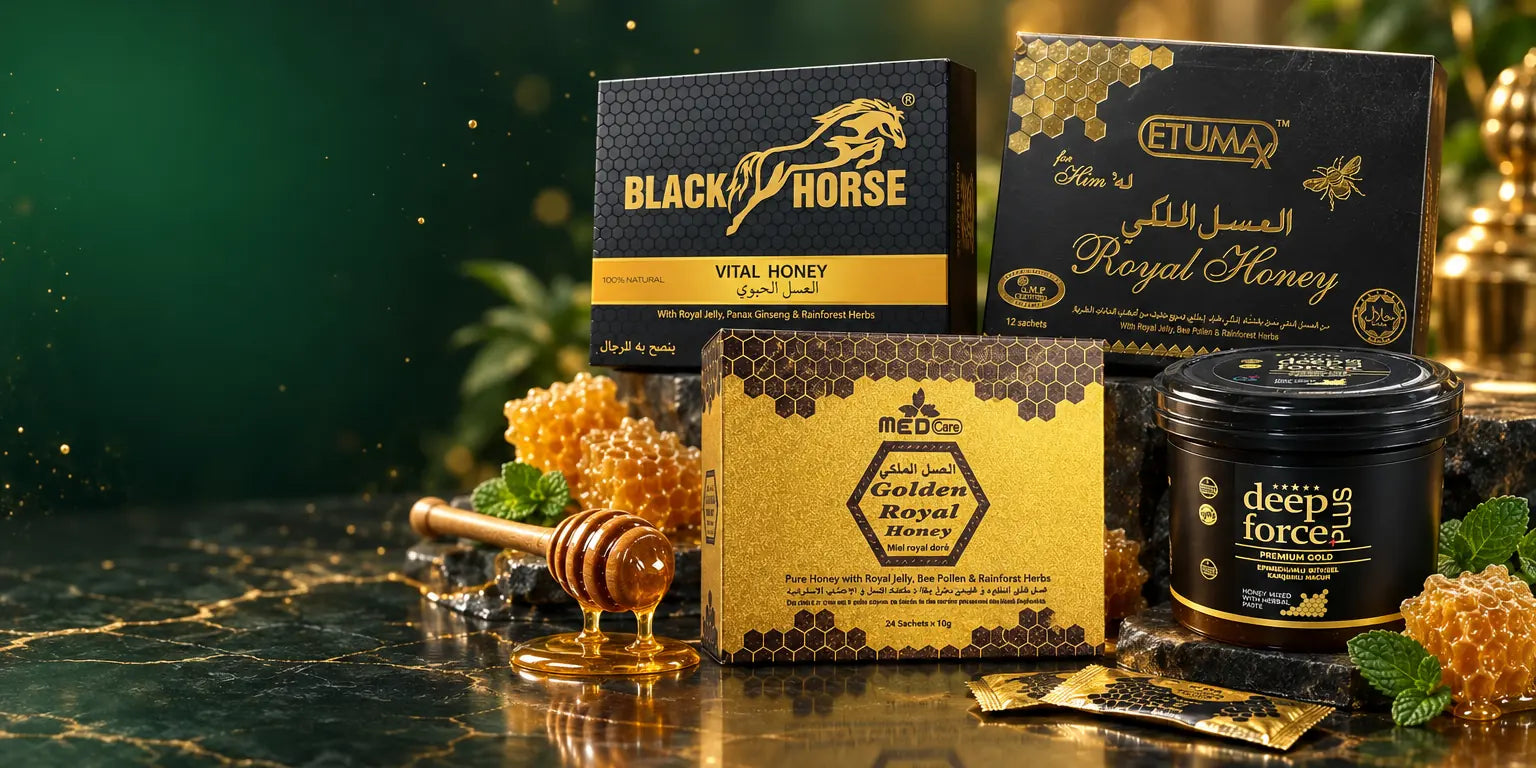 Premium honey and herbal wellness products on a green and gold marble display